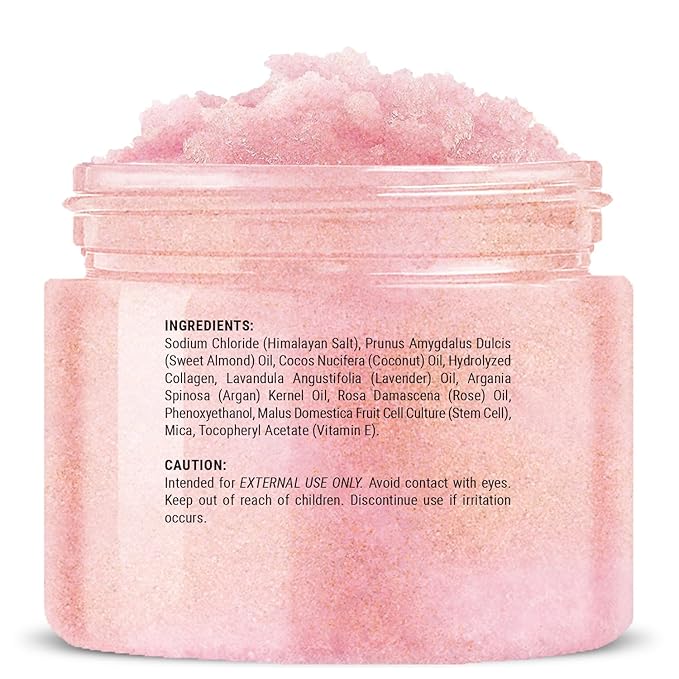 Himalayan Salt Body Scrub 12 oz - with Collagen and Stem Cells - Exfoliating Salt Scrub for Cellulite - Deep Cleansing for Acne, Scars, Wrinkles - Moisturizes Skin