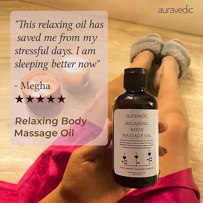 Relaxing Body Massage Oil | Infused with Lavender, Peppermint & Eucalyptus Oil | Soothes Sore Muscles & Nourishes Skin | Lightweight, Non-Sticky & Fast-Absorbing | 6.76 Fl Oz (200ml)