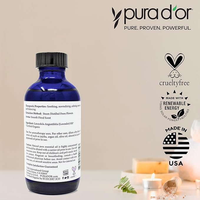 PURA D'OR Organic Lavender Essential Oil (4oz with Glass Dropper) 100% Pure & Natural Therapeutic Grade for Hair, Body, Skin, Aromatherapy Diffuser, Relaxation, Meditation, Massage, Home, DIY Soap