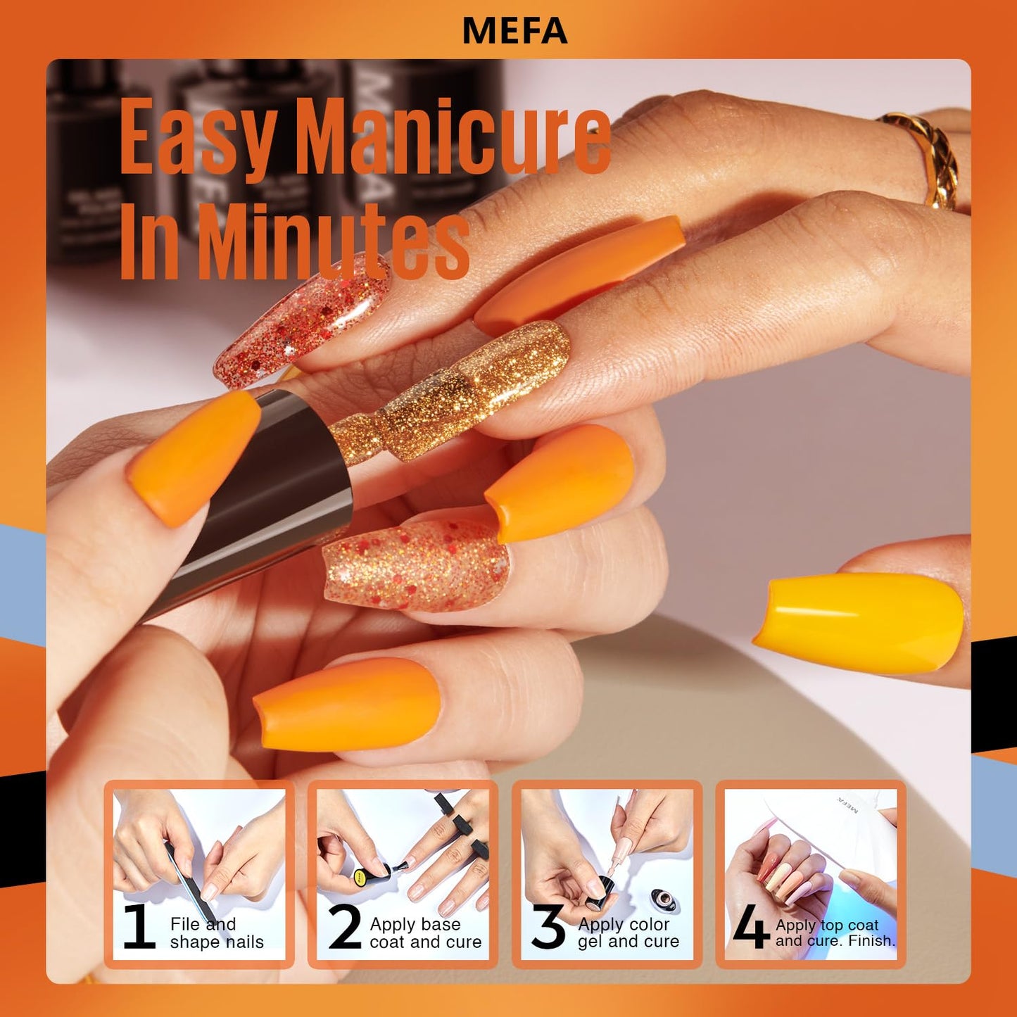 MEFA Fall Gel Nail Polish Set, 12 Colors Orange Burgundy Red Gel Polish Set Flash Dark Red Glitter Nail Polish Shimmer Nude Brown Blue Yellow Nail Gifts for Women Girl DIY Salon Home Spring Summer