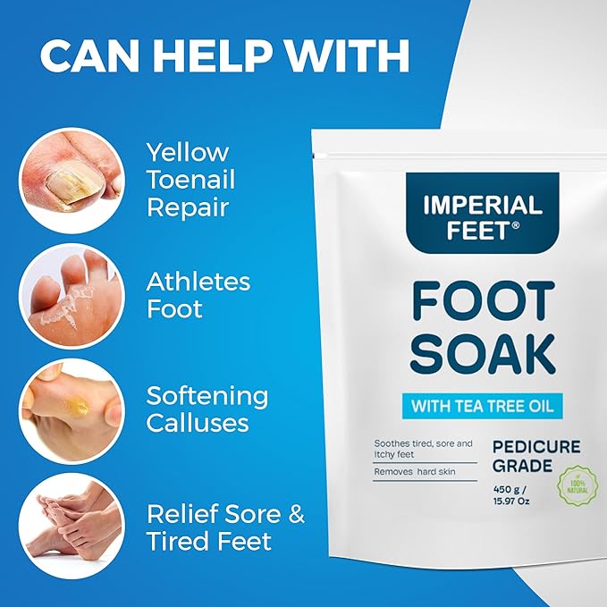 Epsom Salt Foot Soak w Tea Tree for Foot Bath (Pedicure Grade) - for Toenail Repair, Athletes Foot, Softens Calluses, Sore & Tired Feet, Nail Discoloration Foot Soak Salts, Smelly Foot Therapy16oz