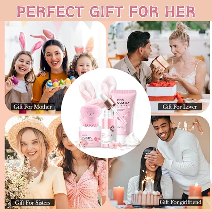 Skincare Set Sakura Mother's Day Gifts - Skin Care Set - Skincare for Teens 10-12 Hydrating - Travel Size Facial Kit for Women with Cleanser,Serum,Cream,Bunny Headband,Cleansing Brush(5pcs)