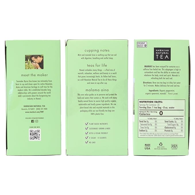 Hawaiian Natural Tea Organic Mamaki Mint Tea Blend - Caffeine Free, Herbal, Antioxidant-Rich For Calming, Wellness, Bedtime, Anxiety & Stress - Gift for Special Ocassions, 20 Bags