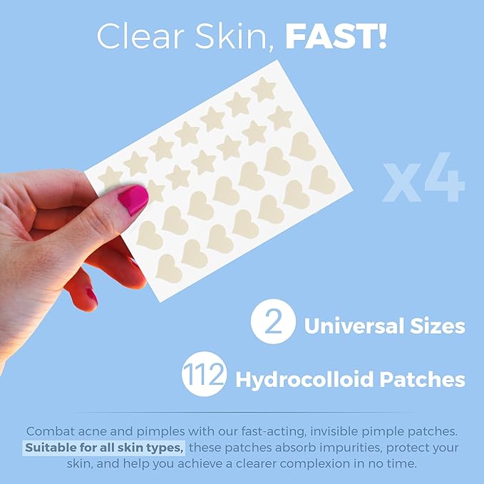 MEDca Acne Patches for Face - Hydrocolloid Bandages (112 Count) Pimple Patches for Face in Hearts & Stars, Acne Spot Treatment Care for Face & Skin Spot Patch Conceals Zits, Acne and Blackheads