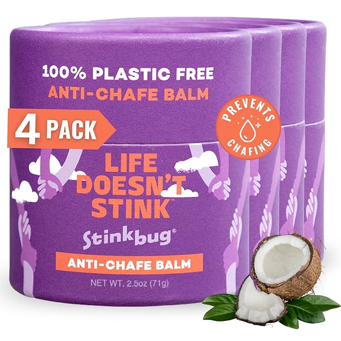 Stinkbug Naturals Organic Plastic Free Anti-Chafe Balm Tub, 100% Natural Ingredients, Aluminum Free Packaging, 2.5 Ounce Pack of 4