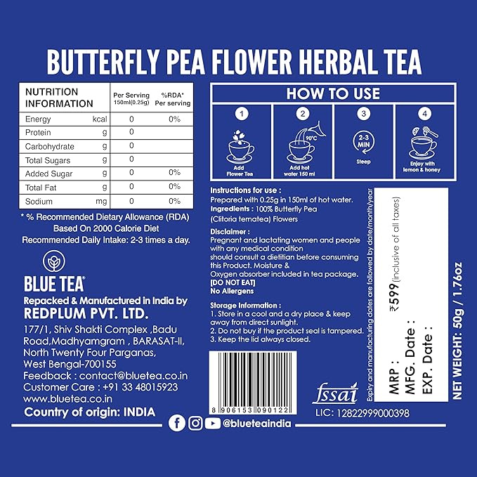 BLUE TEA - Butterfly Pea Flower Herbal Tea (1.76 Oz) | DETOX TEA | Iced Teas, Coolers, Cocktails | Caffeine Free - Gluten Free - Non-GMO | Pet Jar Pack