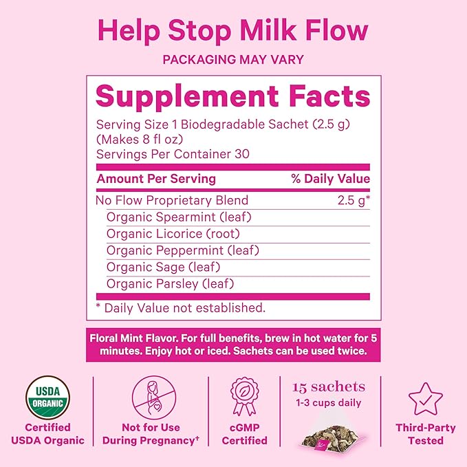 Pink Stork No Flow - Organic Sage Tea to Dry Up Breast Milk Supply and Decrease Milk Production, Stop Breastfeeding, Wean Lactation Naturally, Postpartum Essentials - Hot or Iced - 15 Sachets