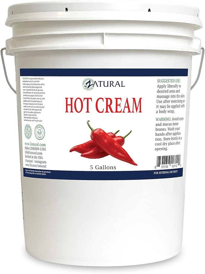 Zatural Organic Hot Cream 5 Gallon Bulk Size, Heating and Cooling Massage Cream (5 Gallon)