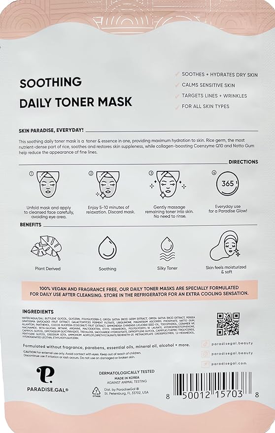 Soothing Face Masks (10-Pack) Korean Skincare Infused with Collagen, Rice, Coenzyme Q10, Niacinamide & Ceramide - Calming Solution for Sensitive Skin