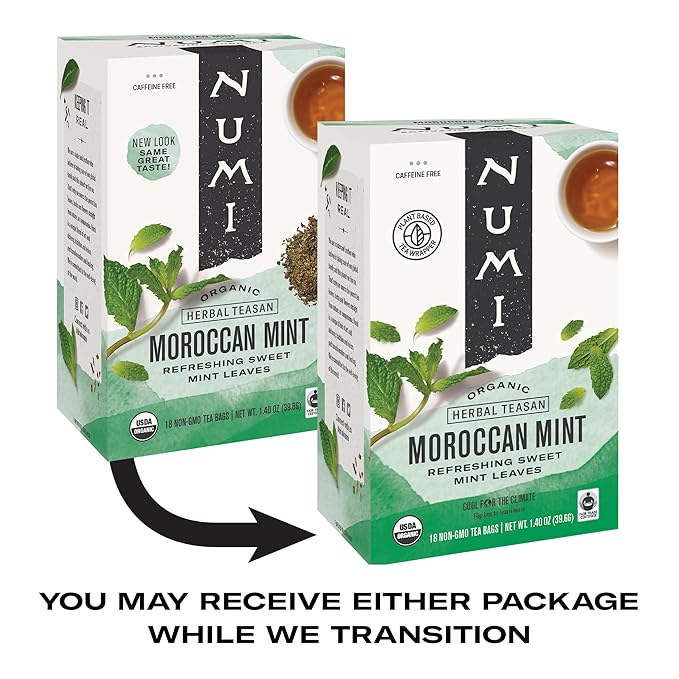 Numi Organic Moroccan Mint Tea, 18 Tea Bags (Pack of 3), Refreshing Nana Mint, Caffeine Free Herbal Tea (Packaging May Vary)