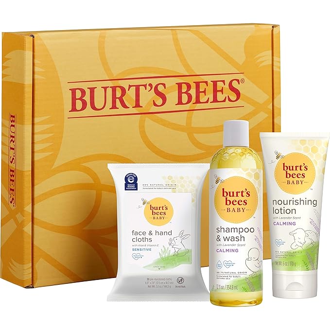 Burt's Bees Baby Gift Set for Baby Showers, Includes Baby Essentials, Shampoo and Wash with Lavender, Body Lotion, Wipes and Cloths, Naturally-Derived Origin Skincare, 3 Count