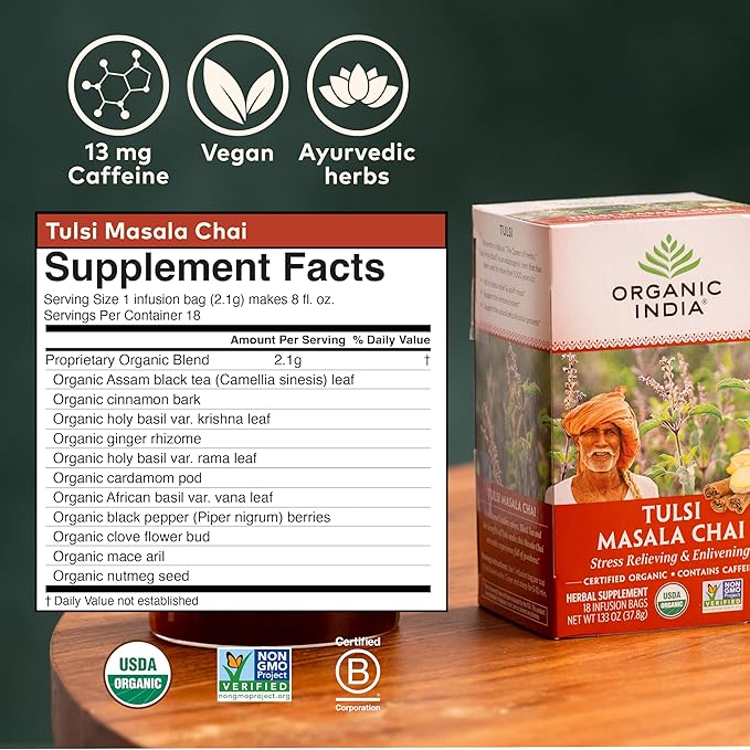 ORGANIC INDIA Tulsi Masala Chai Tea Bags - Holy Basil, Black Tea, Spices with Ginger, Stress Relieving, Immune Support, USDA Certified Organic, Antioxidant, Caffeinated - 18 Infusion Bags, 3 Pack