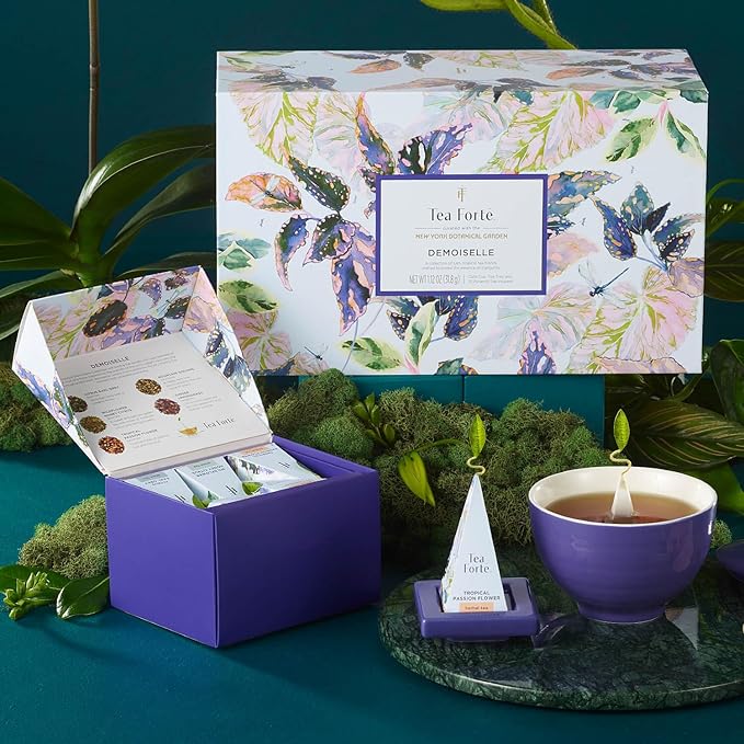 Tea Forte Demoiselle 3-Piece Premium Tea Gift Set with Indigo Cafe Cup and Lid, Tea Tray and 10 Count Mini Presentation Box, 2 of Each Blend Handcrafted Pyramid Infuser Tea Bags