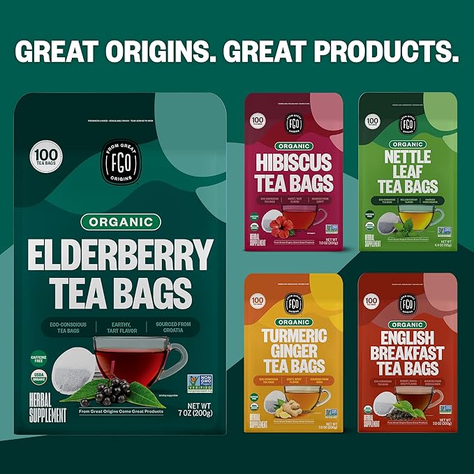 FGO Organic Elderberry Herbal Tea, 20 Count, Eco-Conscious Tea Bags, Caffeine Free, Resealable Bag, Packaging May Vary (Pack of 1)