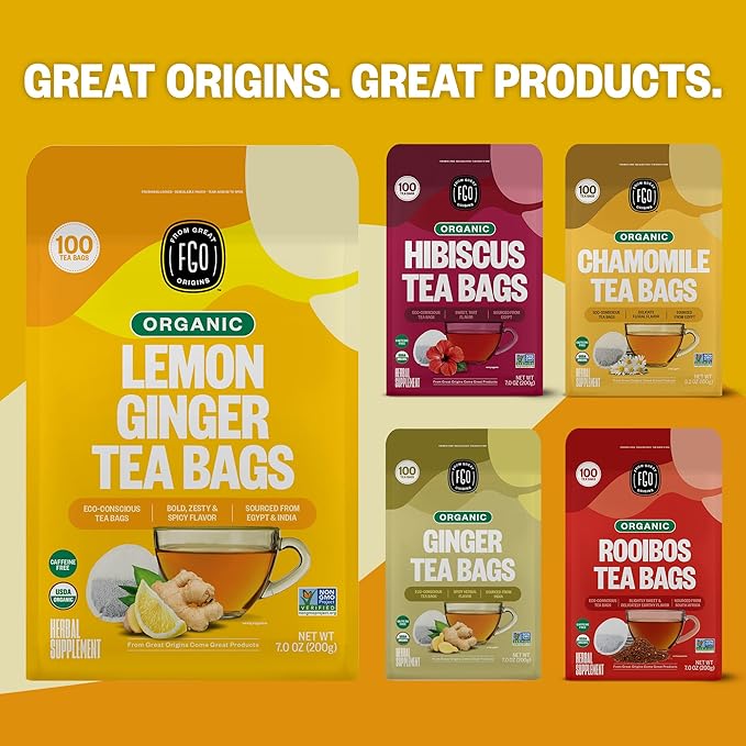 FGO Organic Lemon Ginger Tea, 20 Count, Eco-Conscious Herbal Tea Bags, Resealable Bag, Caffeine Free, Packaging May Vary (Pack of 1)