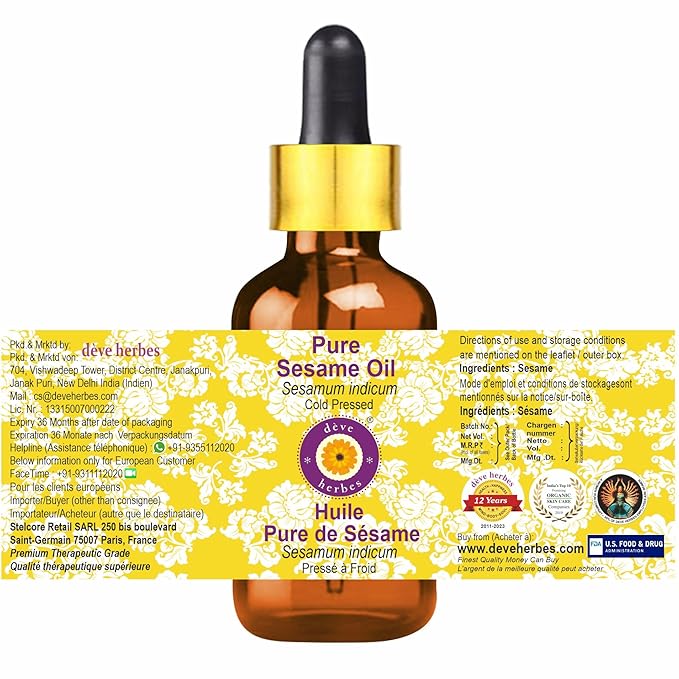 dève herbes Pure Sesame Oil (Sesamum indicum) with Glass Dropper Cold Pressed 15ml (0.50 oz)