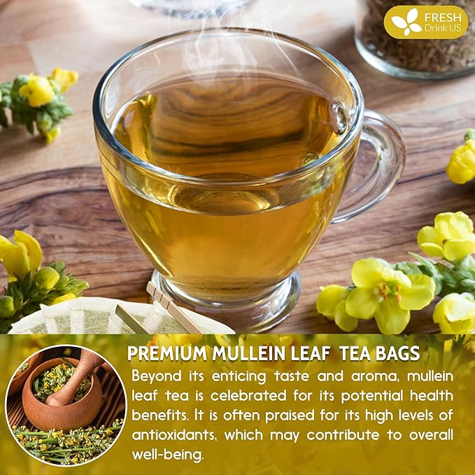 FreshDrinkUS, Premium 10 Mullein Leaf Tea Bags For Lungs, 100% Natural & Pure from Mullein Leaves. Loose Leaf Mullein Herbal Tea. Made with Natural Material Tea Bags. No Sugar, No Caffeine, No Gluten, Vegan.