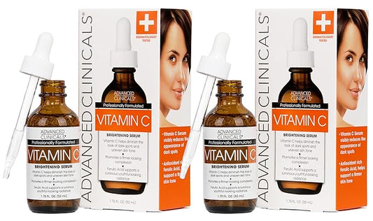 Advanced Clinicals Brightening Vitamin C Serum For Face With Glycolic Acid + Lactic Acid | Vitamin C Eye Serum Face Moisturizer For Improving Look Of Dark Spots & Uneven Complexion, 2-Pack
