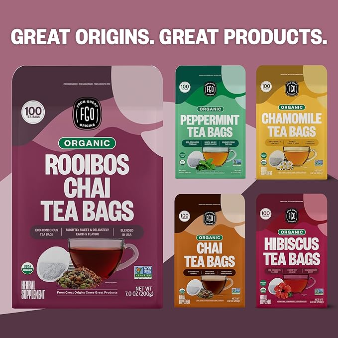 FGO Organic Rooibos Chai Tea, 100 Count, Eco-Conscious Tea Bags, Resealable Bag, Packaging May Vary (Pack of 1)