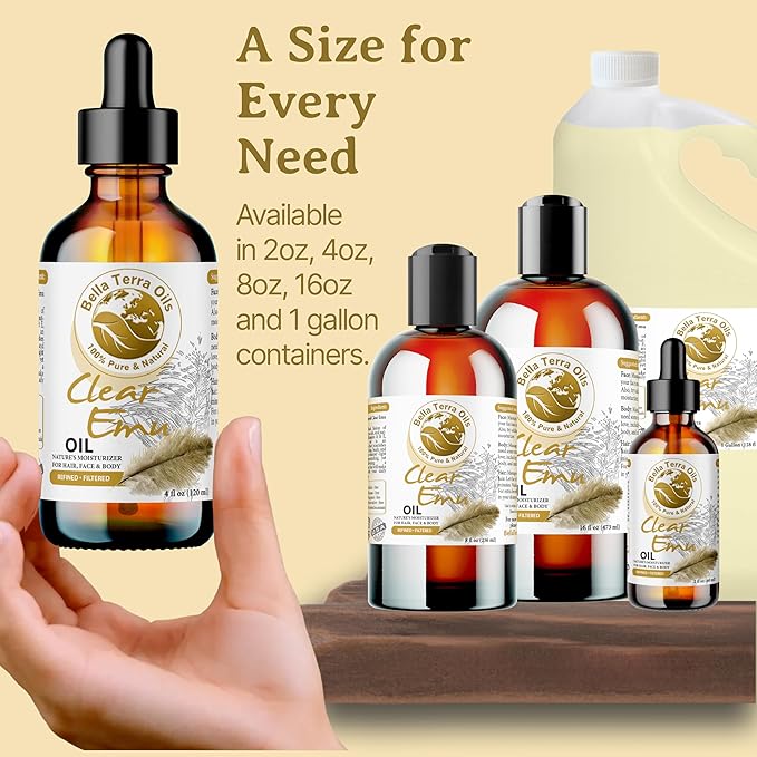 Bella Terra Oils - Clear Emu Oil 4oz - Inspired by Nature's Perfection, High in Omega-3 & Omega-6 Acids, Skin's Best Companion for Moisturization