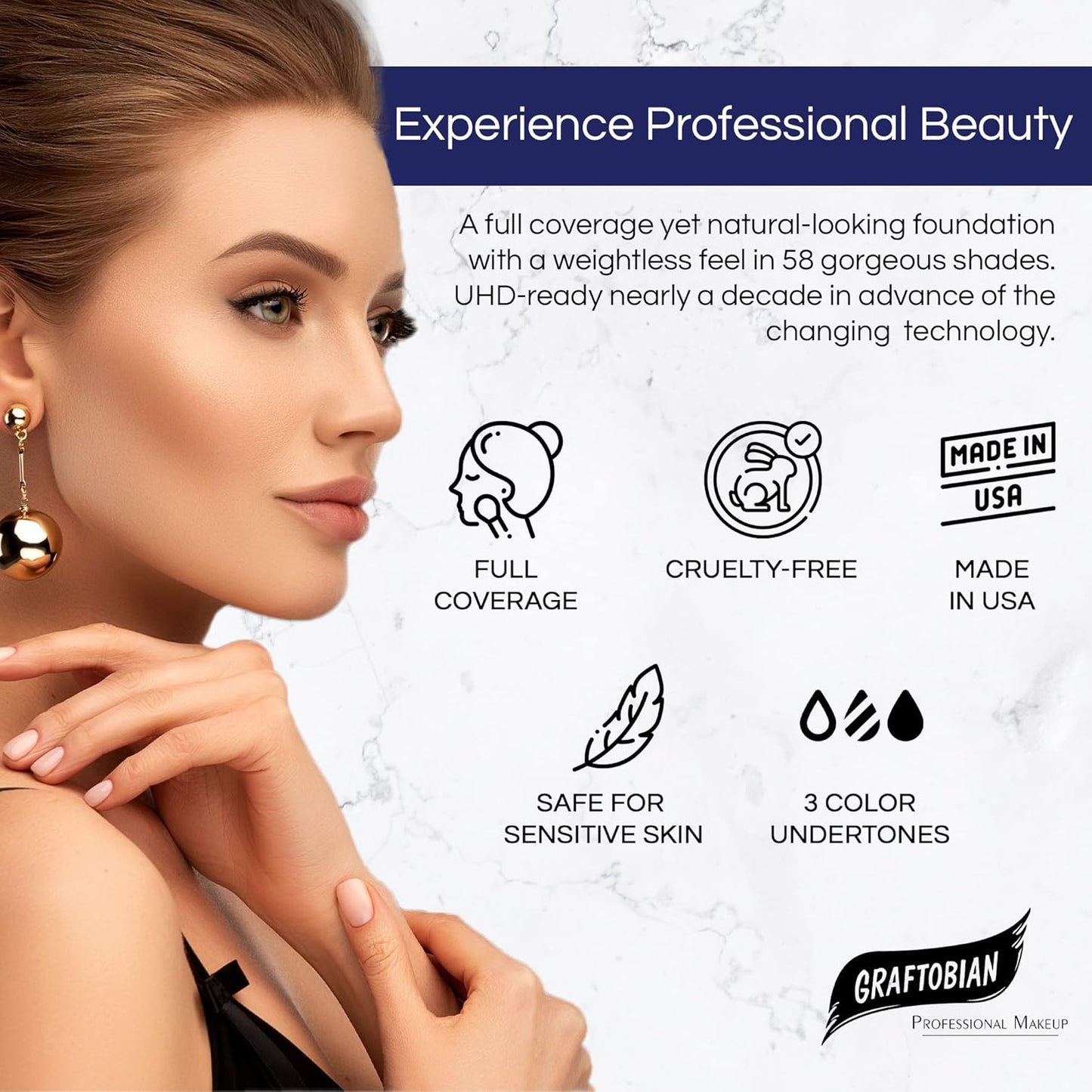 Graftobian HD Glamour Crème Foundation 1/2oz, Weightless Full Coverage Makeup, 65 Inclusive Shades, For All Skin Types, Natural or Full-Glam Looks, For Professionals and Beginners, Caramel