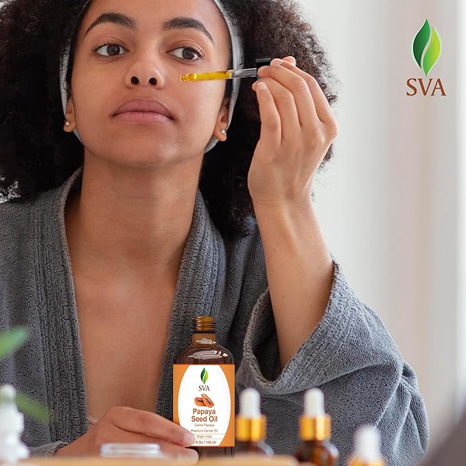 SVA Papaya Seed Oil - 4 Fl Oz – 100% Natural Cold Pressed Papaya Oil - for Face, Skin Care, Hair Care, Scalp Massage & Body Massage – Carrier Oil with Dropper