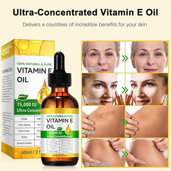 Pure Vitamin E Oil for Scars, Skin and Face, Vitamin E Oil 75,000 IU, Organic Gua Sha Massage Body Oil for Moisturizing Dry Skin, Reduce Fine Lines, Fade Scars and Stretch Marks | Non-GMO, 60ml
