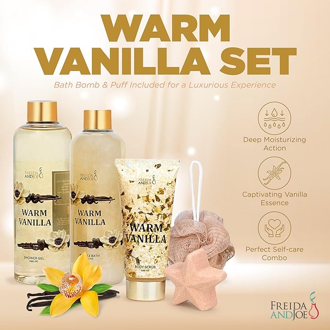 Freida & Joe Fragrance Bath & Body Collection Gift Box, Includes Shower Gel, Body Lotion, Body Scrub, Bath Bomb & Sponge (Warm Vanilla)