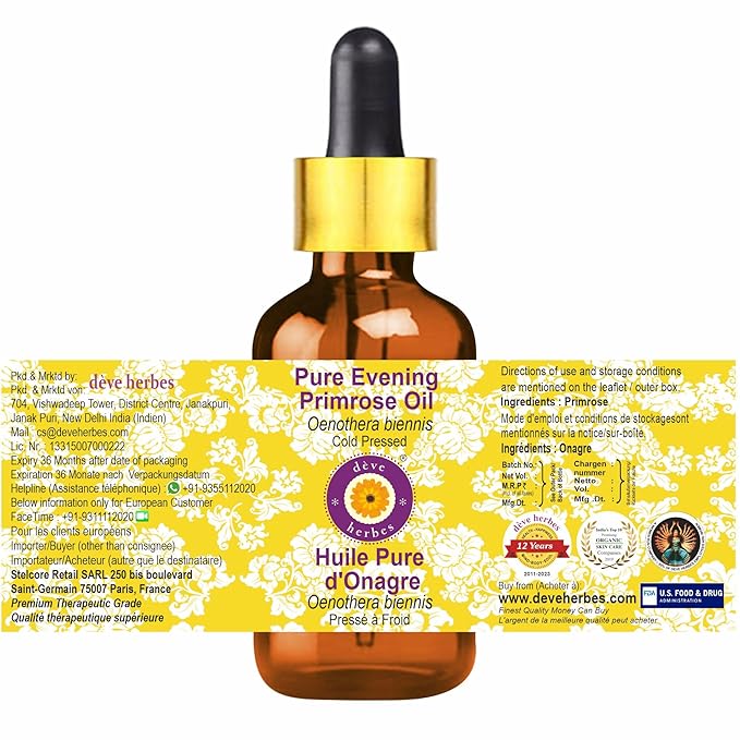 dève herbes Pure Evening Primrose Oil (Oenothera biennis) with Glass Dropper Cold Pressed 15ml, (0.50 oz)