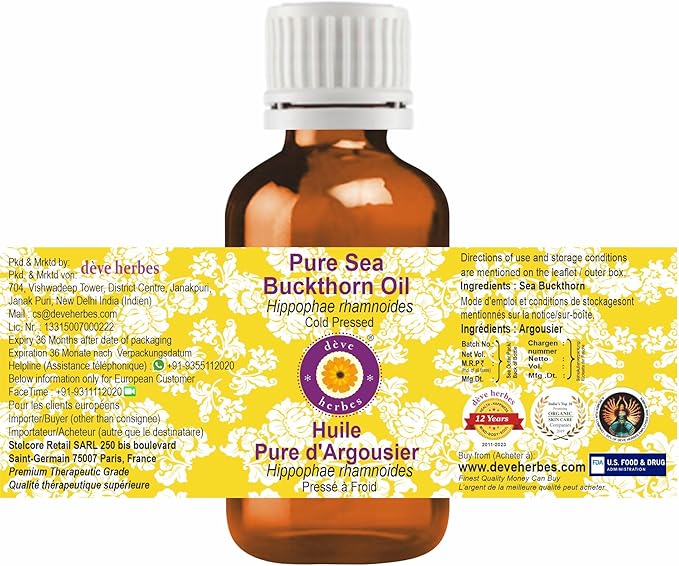 dève herbes Pure Sea Buckthorn Oil (Hippophae rhamnoides) 100% Cold Pressed 10ml (0.33 oz)