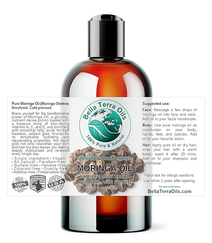 Bella Terra Oils - Organic Moringa Oil 16 oz - Cold-Pressed Mastery, Packed with Vitamins & Antioxidants, Impeccable for Natural Skin Nourishment