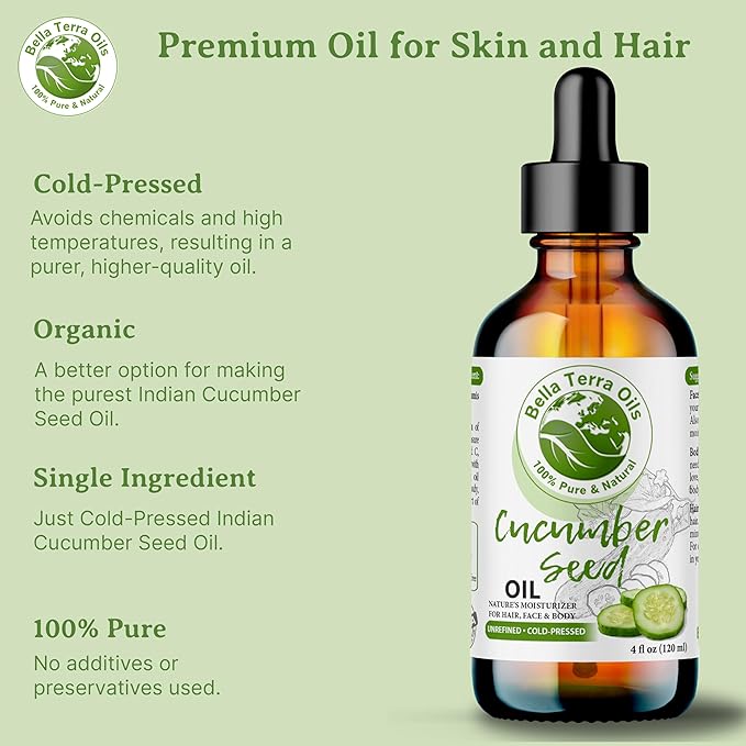 Bella Terra Oils - Cucumber Seed Oil 4oz - A Symphony of Nutrients & Essential Fatty Acids, Cucumber's Gift for Lustrous Skin Brilliance