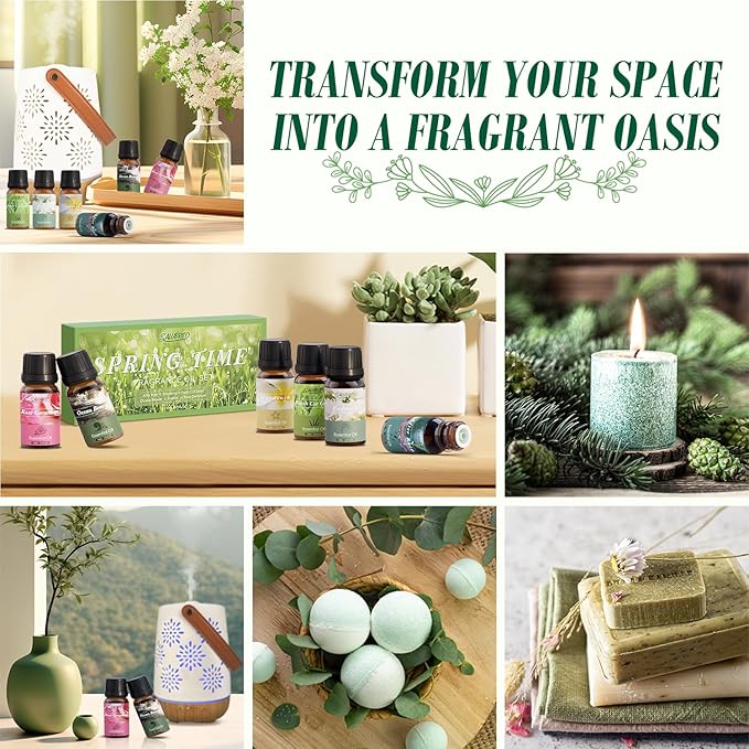 SALUBRITO Spring Fragrance Oils Set, Premium Essential Oils for Diffuser, Candle, Soap Making, After Rain, Gardenia, Fresh Cut Grass, Ocean Breeze, Freesia, Rose Geranium, Strong Scented Oils