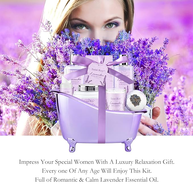 Spa Gift Baskets for Women - Lavender Gifts for Women, Bath Set with Shower Gel, Shampoo, Home Spa Kit Gifts for Her, Christmas, Mothers Day