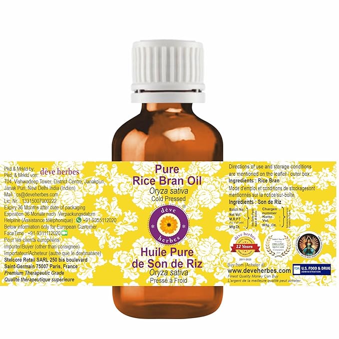 Deve Herbes Pure Rice Bran Oil (Oryza Sativa) Cold Pressed 15ml (0.50 oz)