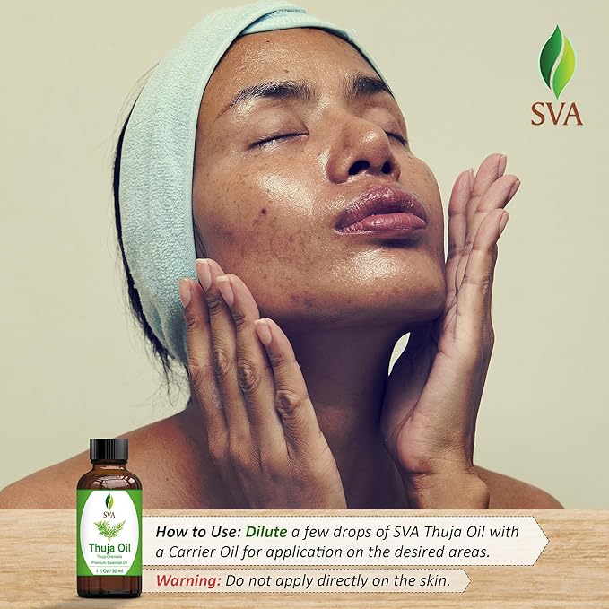 SVA Thuja Essential Oil – 1 Fl Oz – 100% Natural Thuja Oil - for Diffuser, Hair Care, Face, Skin Care, Aromatherapy, Scalp and Body Massage, Soap and Candle Making - with Dropper