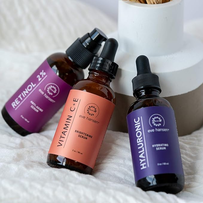 Eve Hansen Full-Size Anti-Aging Serum Set with Hyaluronic Acid, Vitamin C, and Retinol Serums for Improved Appearance of Wrinkles and Fine Lines, Dark Spots, and Skin Firmness 3 x 2 oz