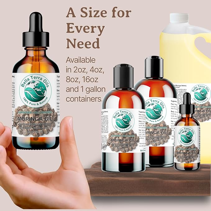 Bella Terra Oils Premium Moringa Oil for Lustrous Hair and Smooth Skin – 1 gallon, Nourishing, Hydrating, Non-Greasy, Quickly Absorbed