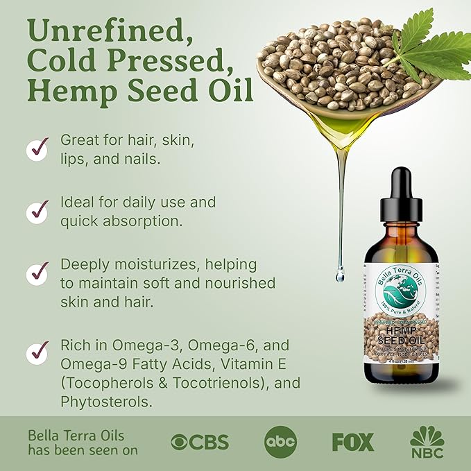 Bella Terra Oils - Hemp Seed Oil 4 oz - Dive into the World of Linoleic Acid & Alpha-Linolenic Acid, Packed with Essential Vitamins, Perfect for Cosmetic Elixirs