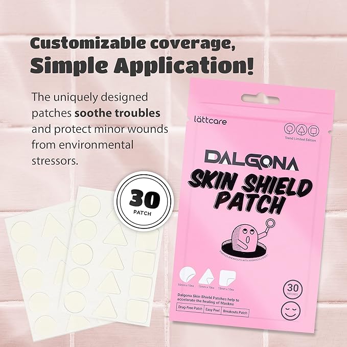 lattcare Dalgona Skin Shield Patches | Dalgona Candy Shaped Hydrocolloid Acne Patches | Make Your Face Acne Look Cute | No Dyes, Vegan, Cruelty Free | (30 Count / 3 Shape Sizes)