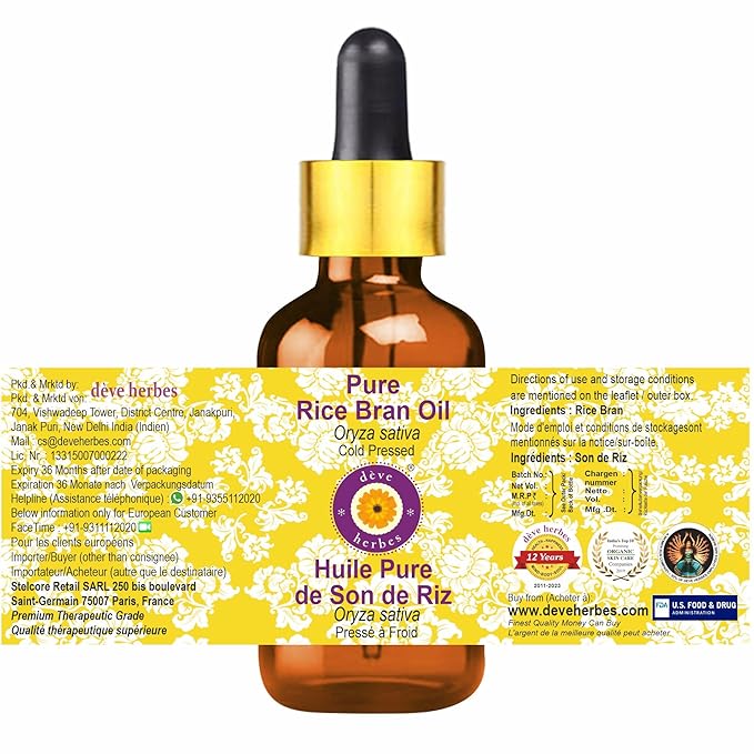 dève herbes Pure Rice Bran Oil (Oryza Sativa) with Glass Dropper Cold Pressed (Pack of Three)100ml X 3 (10 oz)