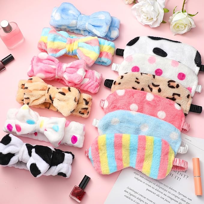 Kajaia 12 Pcs Sleepover Party Favors for Woman Plush Sleep Eye Mask Soft Spa Headband for Spa Birthday Bachelorette Slumber Party Supplies(Stylish)