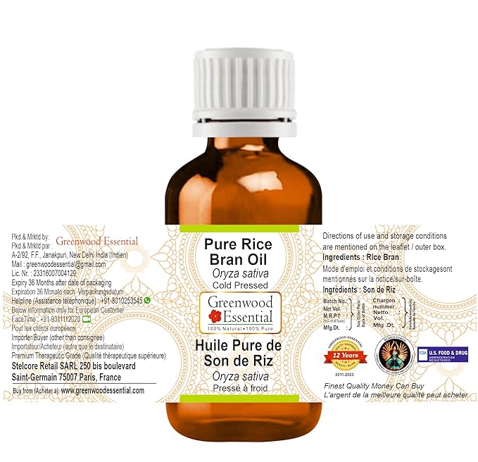 Pure Rice Bran Oil (Oryza Sativa) Cold Pressed 50ml (1.69 oz)