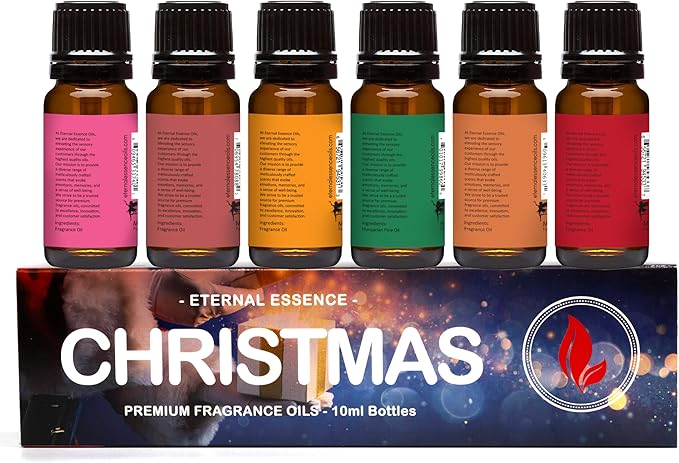 Eternal Essence Oils Christmas Set of 6 Premium Fragrance Oils - Peppermint, Cranberry, Spiced Cider, Pine, Cinnamon and Reindeer Retreat - for Diffusers, Candle & Soap Making, & Aromatherapy - 10ML