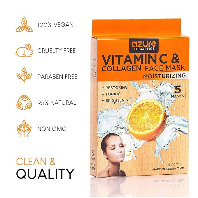 AZURE Vitamin C & Collagen Moisturizing Facial Mask - Anti Aging, Deeply Moisturizing & Firming - Skin Care Made in Korea - 10 Pack