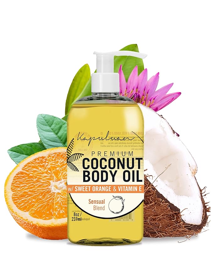 Kapuluan Raw Coconut Oil for Skin, Hair – Raw Extra Virgin Coconut Oil 200ml and Massage Body Oil, Orange Essential Oil - 8 oz - Bundle