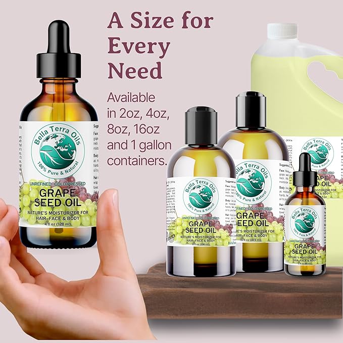 Bella Terra Oils - Organic Grape Seed Oil 4 oz - Embrace the Richness of Polyphenols & Flavonoids, Infused with Oleic Acid, For a Silky-Smooth Skin Finish