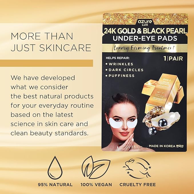 AZURE 24K Gold & Black Pearl Luxury Firming Under Eye Pads - Moisturizing & Restoring Eye Mask Patches - Reduces Fine Lines, Wrinkles, Dark Circles & Puffiness - Skin Care Made in Korea - 10 Pairs