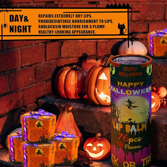 Yopela 76 Pack Halloween Natural Lip Balm Bulk with Vitamin E and Coconut Oil Lip Care Set - Moisturizing, Soothing, and Repairing Dry and Chapped Lips - 18 Flavors - Non-GMO
