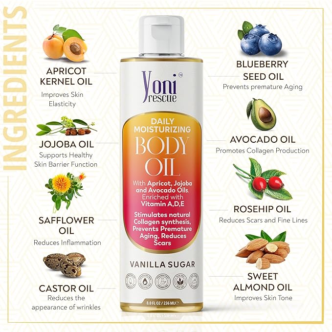 Daily Skin Moisturizing Body Oil with Apricot, Jojoba, Avocado & Vitamin E Oil | Hydrating & Nourishing for all Skin types | After Shower oil 8oz Vanilla Sugar Scented